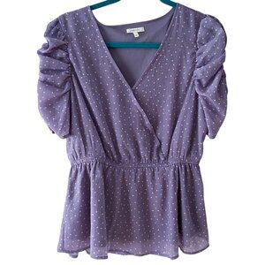 Maurices Women's Polka Dot Mesh Ruched Sleeve Peplum Blouse Size Medium